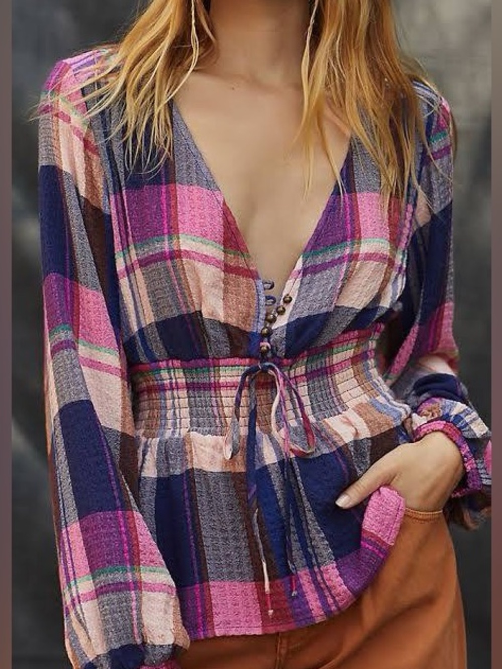 Anthropologie Pilcro Blouse Womens Large Pink Navy Plaid Smocked Waist V-Neck